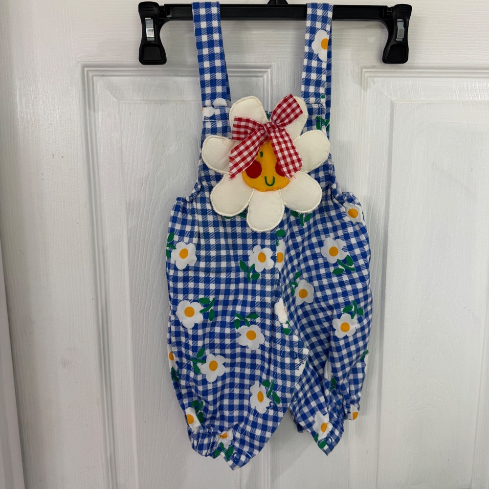 Vintage Baby Blue Gingham Daisy Overalls Sunflower Applique Romper 0-6 Months - Picture 3 of 8